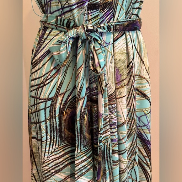 Kasper Beautiful Colors Peacock Feather Maxi V Neck Tie In Front Dress SZ PM - Picture 3 of 13